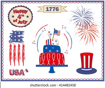 Fourth of July Set - Fourth of July clip art with fireworks, cake, stylized flag and more. Eps10