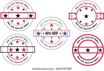 Fourth July Special Offer Circular Stamp Badge Design with Stars and Discount Ribbon in Editable Vector Format