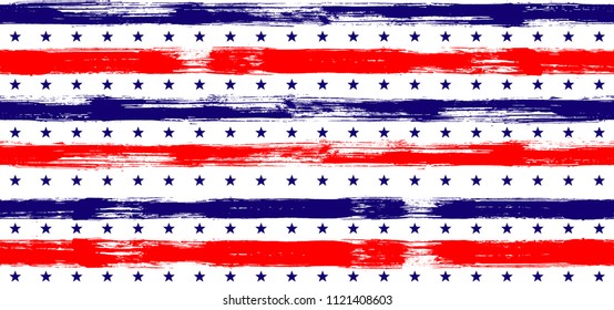 Fourth Of July Stars And Stripes Abstract Seamless Vector Pattern In USA Flag Colors. American Independence Day Vector Of Blue Red White Stars And Stripes Grunge Background For Holiday Design.