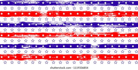 Fourth of July Stars and Stripes Geometric Seamless Pattern in USA Flag Colors. American Independence Day vector of blue red white stars and stripes grunge background for holiday flyer.