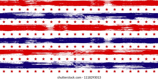 Fourth of July Stars and Stripes Hipster Seamless Pattern in USA Flag Colors. American Independence Day vector of blue red white stars and stripes grunge background for holiday design.