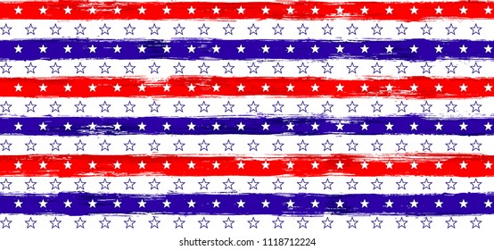 Fourth of July Stars and Stripes Horizontal Seamless Pattern in USA Flag Colors. American Independence Day vector of blue red white stars and stripes grunge background for holiday poster.