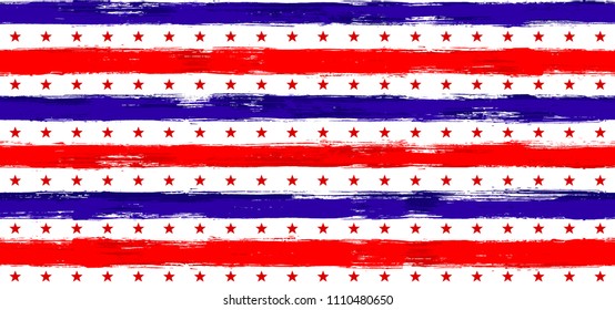 Fourth of July Stars and Stripes Patriotic Seamless Vector Pattern in USA Flag Colors. American Independence Day vector of blue red white stars and stripes grunge background for holiday flyer.