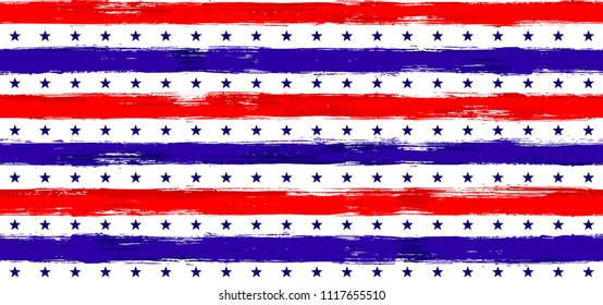 Fourth of July Stars and Stripes Retro Seamless Vector Pattern in USA Flag Colors. American Independence Day vector of blue red white stars and stripes grunge background for holiday design.