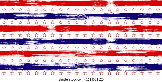 Fourth of July Stars and Stripes Textured Seamless Vector Pattern in USA Flag Colors. American Independence Day vector of blue red white stars and stripes grunge background for holiday poster.