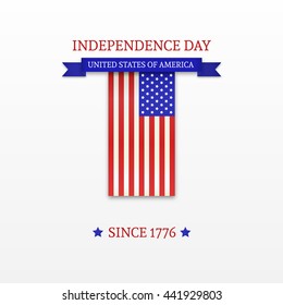 Fourth of July. Stylish American Independence Day design. Usable for 4th of July greeting cards, web sites, banners, print. American flag and ribbon. Vector Template background.