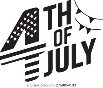 Fourth of July text design with stylized stars and fireworks graphic isolated on transparent background