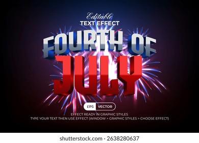Fourth of July Text Effect 3D Curved Modern Style Background With Fireworks.	