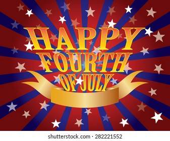 Fourth of July Text for Independence Day Red White and Blue Stars Stripes Sun Rays Banner Vector Illustration