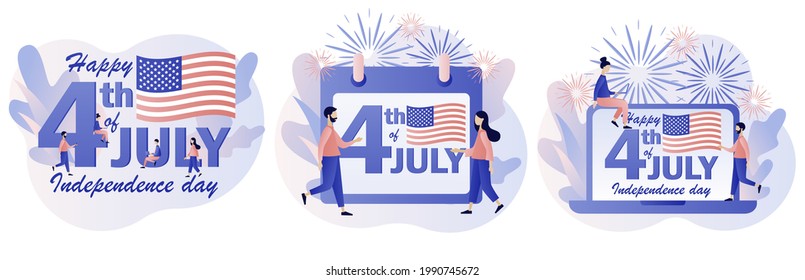 4 de julio. Pequeñas personas celebran el Día de la Independencia de Estados Unidos. Feliz 4 de julio. Estilo moderno de dibujos animados planos. Ilustración del vector sobre fondo blanco