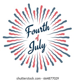 Fourth of July typography design with fireworks in USA flag color. 4th of July, United States independence day greeting. Usable as greeting card, banner, labels, stickers, background.