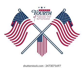 Diseño tipográfico del 4 de julio, Día de la Independencia de Estados Unidos con banderas nacionales cruzadas. Fondo blanco