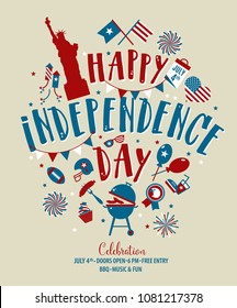 Fourth of July, United Stated independence day greeting. July 4th typographic design. Usable for greeting cards, banners, print and invitation.