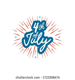 Fourth of July, United Stated independence day concept, July 4th typographic design and burst around over white background, flat design, vector illustration