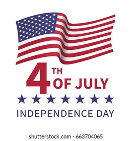 Fourth of July, United Stated independence day poster with the flying flag of the USA. Usable for greeting cards, banners, print
