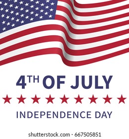 Fourth of July, United Stated independence day poster with the flying flag of the USA. Usable for greeting cards, banners, print