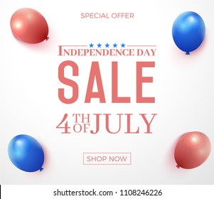 Fourth of July, United States of America Independence Day offer sale. Vector banner illustration background with text, stars, flag colors and balloons. For your sales, promotions, events, business