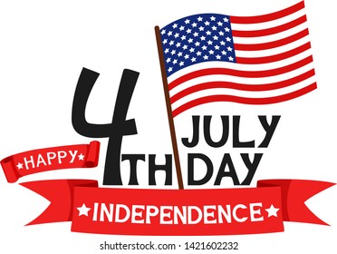 Fourth of July US independence day, American flag and red ribbons on a white.