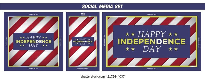 Fourth of July and US Independence Day Social Media Set. Square, vertical, banner greeting cards. Celebrated on July 4. Vector Illustration. Paper craft and gold concept. 
