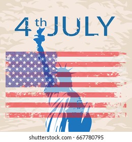 Fourth of July - US Independence Day, the American flag in vintage style is imposed on the image of the Statue of Liberty.