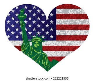 Fourth of July USA Flag and Statue of Liberty in Heart Shape Outline with Texture Vector Illustration