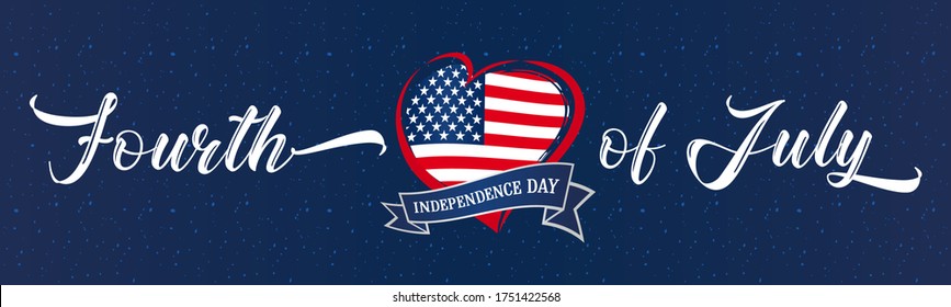 Fourth of July USA heart & ribbon navy blue vintage poster. 4th of July United States of America, Independence Day typography vector Illustration