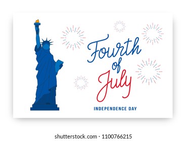 Fourth Of July. USA Independence Day Background Design. Banner Layout With Fourth Of July Lettering, Statue Of Liberty And Fireworks