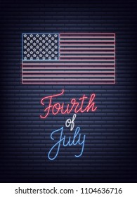 Fourth of July. USA Independence Day neon sign. USA National flag and lettering for July 4th celebration