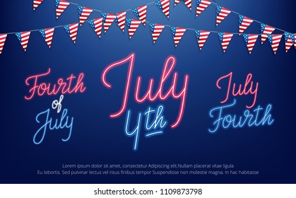 Fourth of July, USA Independence Day celebration. Banner with set of neon lettering design