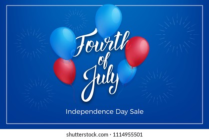 Fourth of July USA Independence Day. Holiday banner with glossy balloons and lettering. 4th of July background
