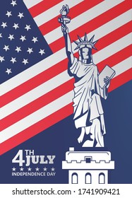 fourth july usa independence day celebration with flag and liberty statue vector illustration design