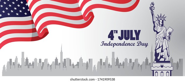 fourth july usa independence day celebration with flag and liberty statue vector illustration design