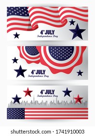 fourth july usa independence day celebration with flag in lace and cityscape vector illustration design