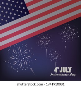 fourth july usa independence day celebration with flag and fireworks vector illustration design