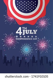 fourth July USA independence day celebration with flag in lace and cityscape vector illustration design