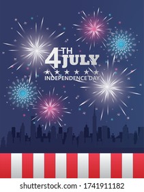 fourth july usa independence day celebration with flag and fireworks vector illustration design