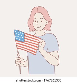 Cuarto de julio, Día de la Independencia de Estados Unidos, chica con bandera nacional americana en la mano celebra el Día de la Independencia de Estados Unidos, 4 de julio feriado, ilustración vectorial.