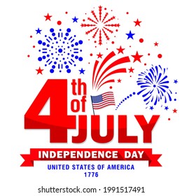 Fourth of july USA independence day. Vector illustration in colors of the American flag. Stars and stripes, fireworks, salute on transparent background
