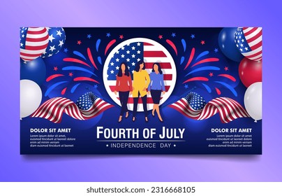 Fourth of July, USA Independence Day banner design with bright vibrant color patriotic elements