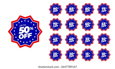 Fourth of July USA independence day discount sale stickers set. Red and blue tags with different value percent 90, 85, 80, 75, 70, 65, 60, 55, 50, 45, 40, 35, 30, 25, 20, 15, and 10% off.