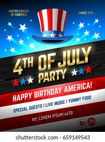 Fourth of July USA Independence Day party poster template. Vector illustration.