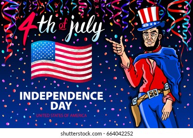 Fourth of July USA Independence Day greeting card. 4 th of July. United States of America celebration wallpaper. national holiday US flag card design confetti. men art