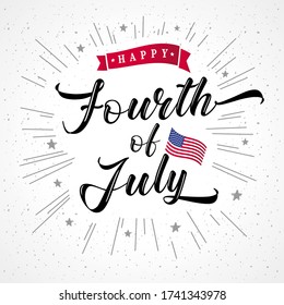 Fourth of July USA vintage inscription & light beams. Happy Independence Day of United States of America calligraphic lettering vector background with beams and stars