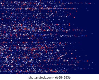 Fourth of July vector background with horizontal lines of red and blue stars on dark background. USA Independence Day pattern in American flag colors. Holiday graphic design.