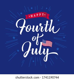 Fourth of July vector hand inscription for greeting card or banner. Happy Independence Day of United States of America calligraphic lettering blue background with beams and stars