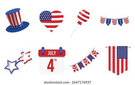 Jeu d'illustrations vectorielles du 4 juillet avec calendrier, chapeau, ballon et jeu d'illustrations vectorielles du 4 juillet avec calendrier, chapeau, ballon et bruant