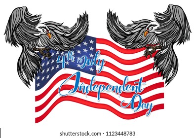 Fourth of July.4 July America celebration. Independence national holiday.design for greeting card,brochure,flyer,web with waving american national flag ,eagle and text design. Vector illustration.