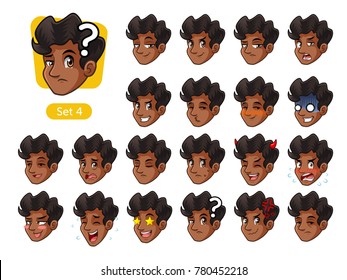 The fourth set of male facial emotions cartoon character design with curly hair and different expressions, happy, bored, scary, funny, uptight, disgust, amaze, silly, mad, etc. vector illustration.