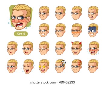 The fourth set of male facial emotions cartoon character design with blonde hair and different expressions, happy, bored, scary, funny, uptight, disgust, amaze, silly, mad, etc. vector illustration.