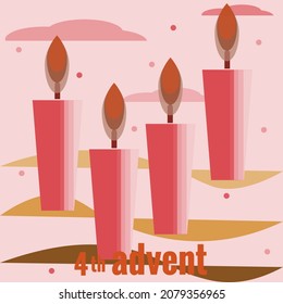 Fourth Sunday of Advent. Four candles, fourth lighted candles, snow, clouds, branches of Christmas tree. Vector illustration in flat style. Christmas countdown, for social networks, banners.